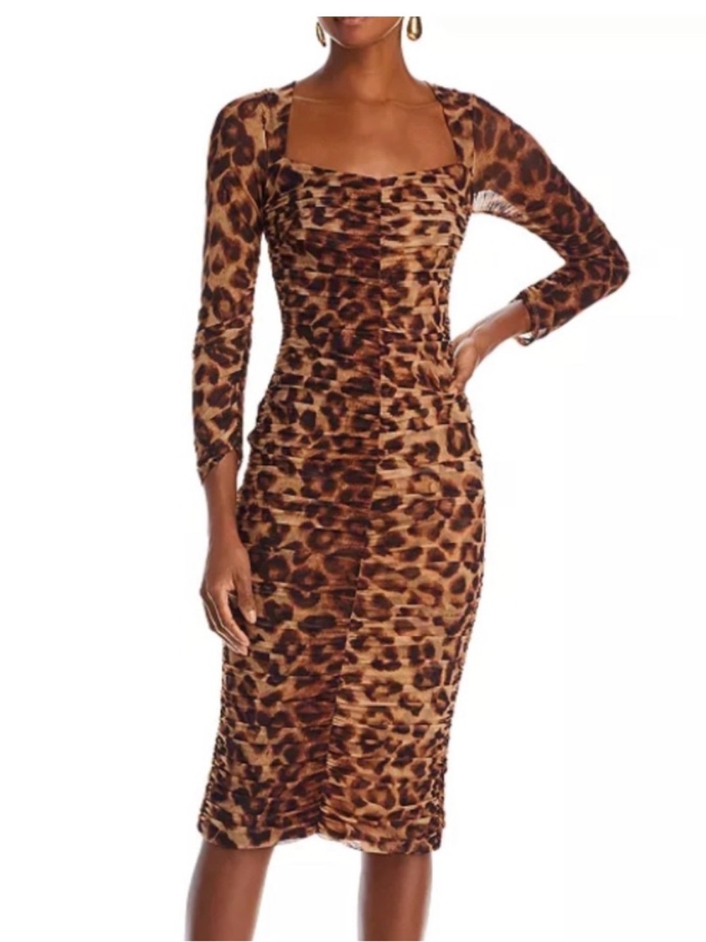 L'AGENCE Leopard Print Ruched Midi Dress - Brown